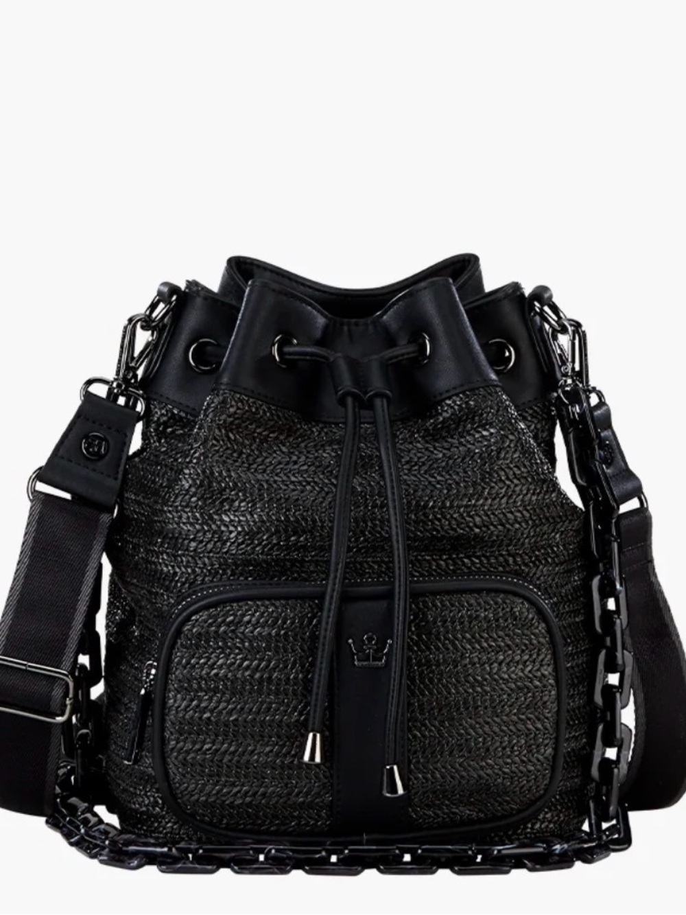 NWOT Oliver Thomas Black Herringbone Raffia Drawstring Bucket Bag